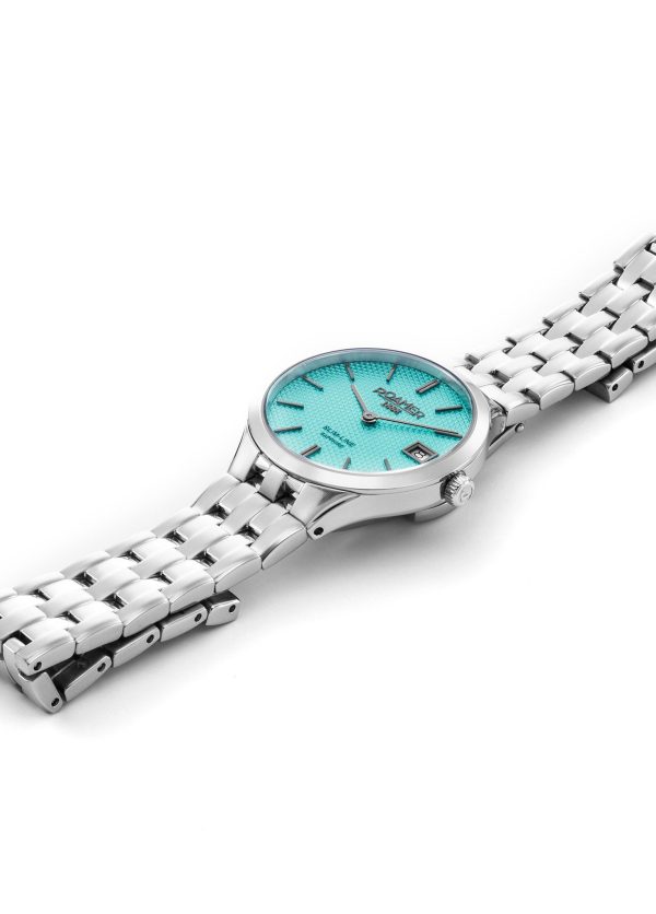 Slim Line Classic Ladies 30mm Quartz Two-Hand Date Sky Blue Dial Silver Bracelet Sapphire glass Stainless Steel Swiss watch