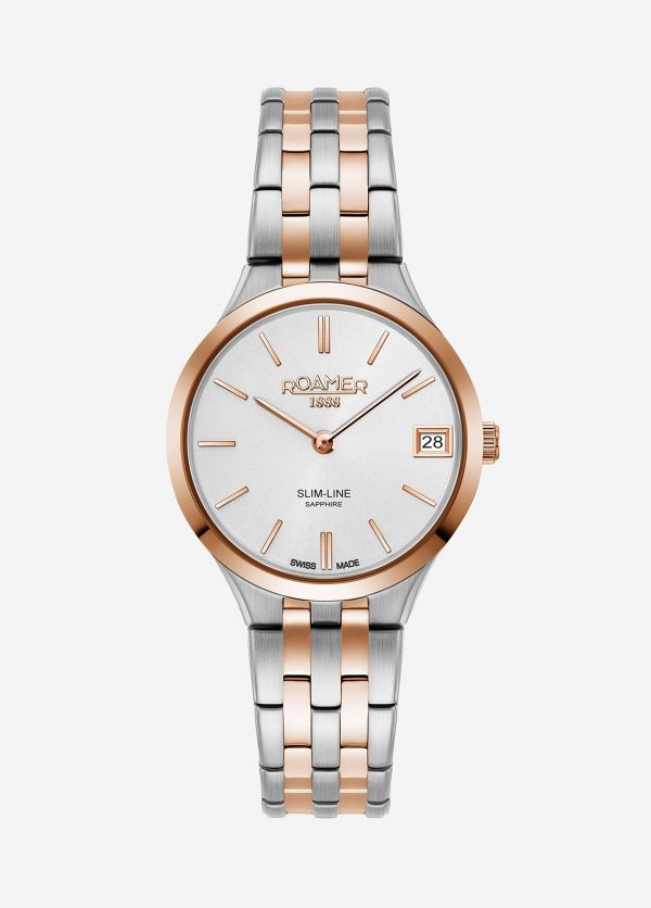 Slim Line Classic Ladies 30mm Quartz Two-Hand Date White Dial Two-Tone Bracelet Sapphire glass Stainless Steel Swiss watch