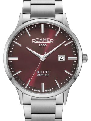 R Line Classic 43 mm Quartz Three-Hand Date Burgundy Dial Silver Brace