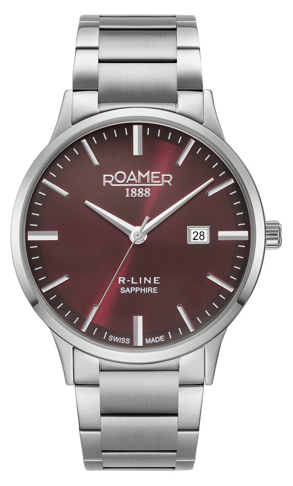 R Line Classic 43 mm Quartz Three-Hand Date Burgundy Dial Silver Brace