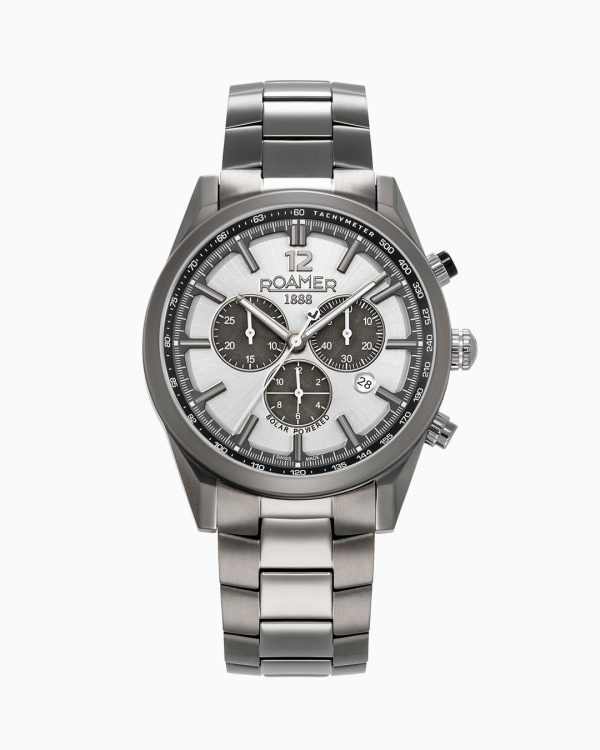 Helios Power 43.5mm Solar powered Chronograph Date Silver dial Gun col