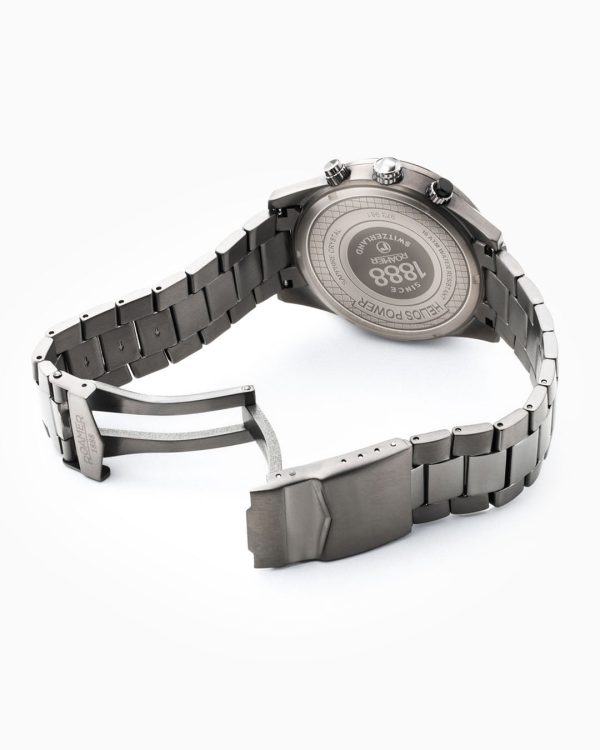 Helios Power 43.5mm Solar powered Chronograph Date Silver dial Gun col