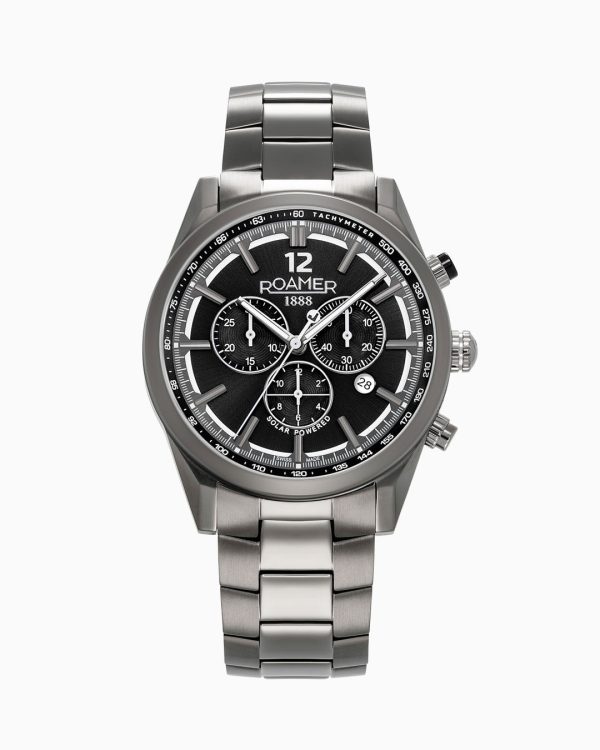 Helios Power 43.5mm Solar powered Chronograph Date Black Sunray Gun co