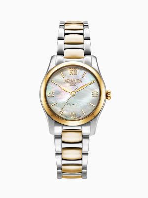 Eleganza 30mm Quartz Three-Hand Date White MOP Two-Tone Bracelet Sapph