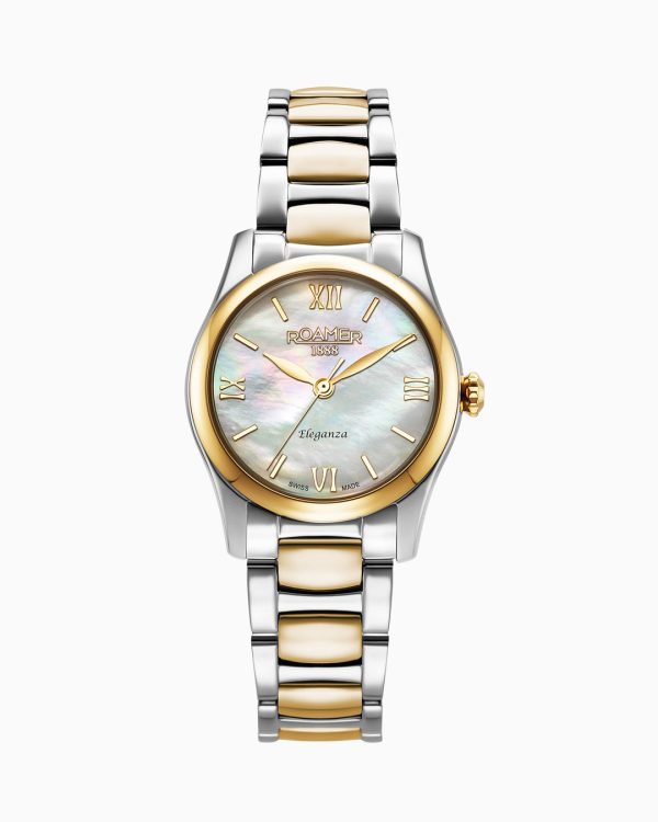 Eleganza 30mm Quartz Three-Hand Date White MOP Two-Tone Bracelet Sapph