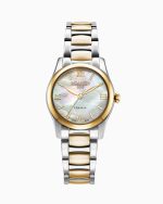 Eleganza 30mm Quartz Three-Hand Date White MOP Two-Tone Bracelet Sapph