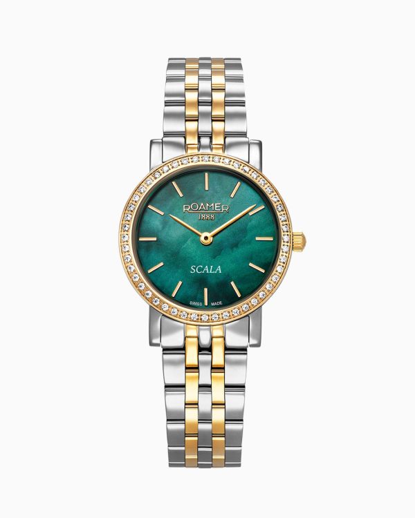 Scala 28 mm Quartz Two-Hand Green MOP Dial Two-Tone Bracelet Sapphire