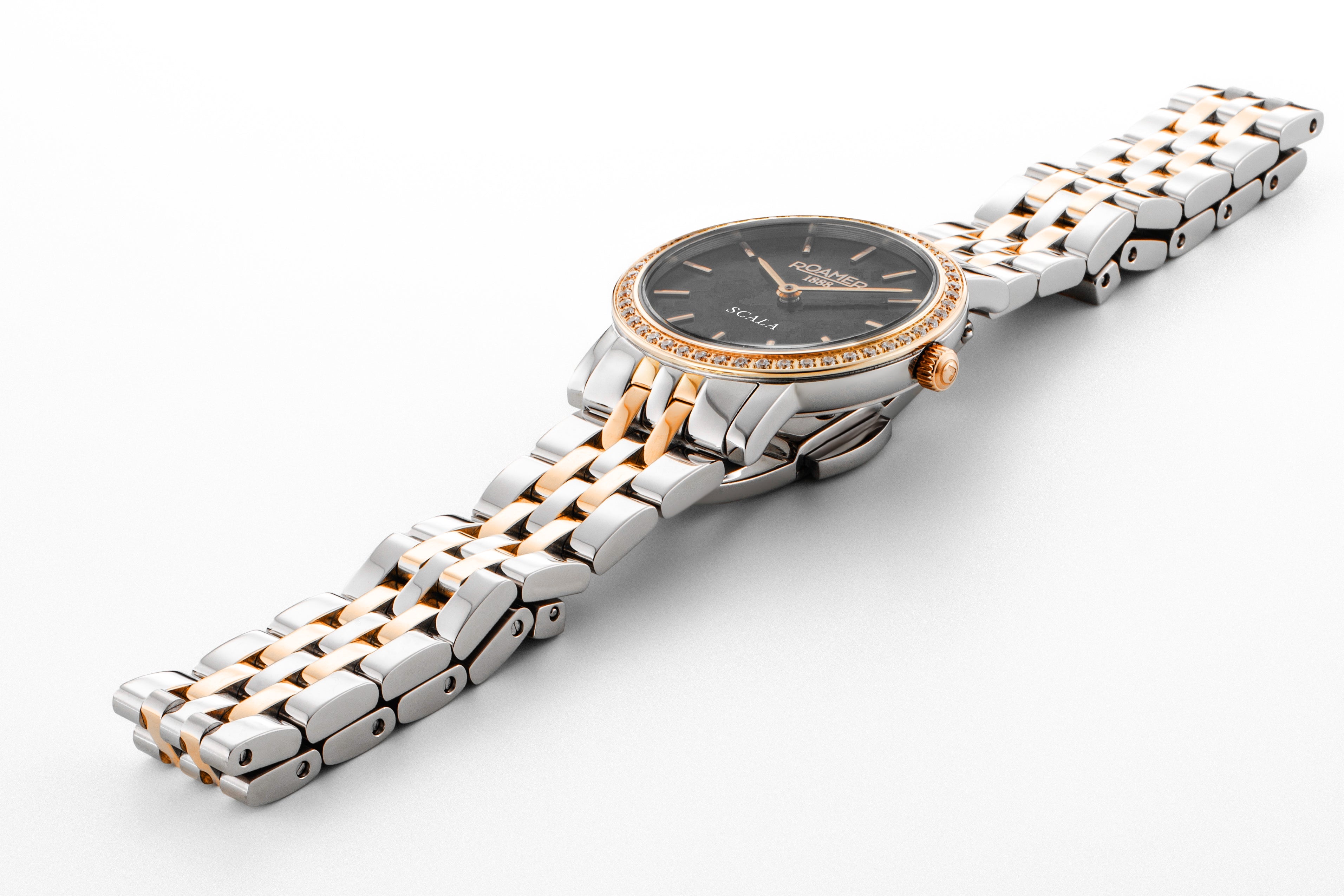 Scala 28 mm Quartz Two-Hand Black MOP Dial Two-Tone Bracelet Sapphire