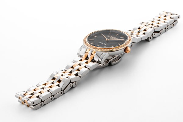 Scala 28 mm Quartz Two-Hand Black MOP Dial Two-Tone Bracelet Sapphire