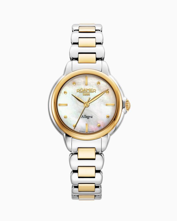 Allegra 32mm Quartz Three-Hand White Mop Dial Two-Tone Bracelet Sapphi