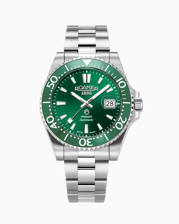 Premier 42 mm Automatic Three-Hand Date Green Sunray Dial Silver Brace