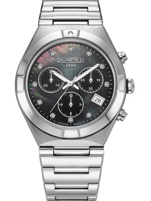 Eos Ladies Chrono 38mm Quartz Chronograph Date Black Mop Dial Silver B