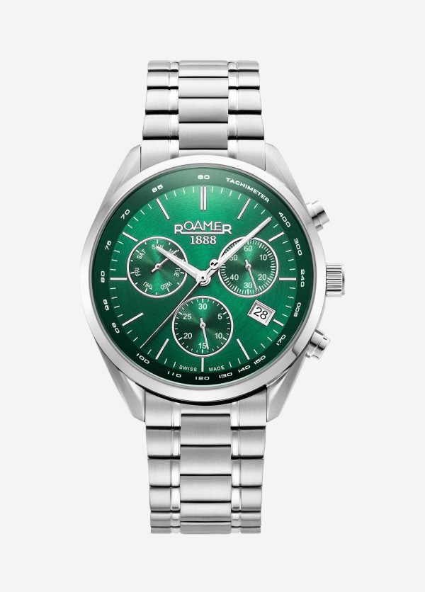Pro Chrono 42mm Quartz Chronograph Date Green Sunray Dial Silver Brace