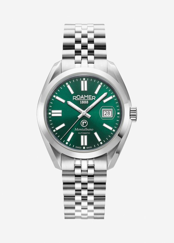 Montalbano Gents 41.5mm Automatic Three-Hand Date Green Sunray Dial Silver Bracelet Sapphire glass Stainless Steel swiss watch