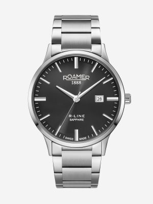 R Line Classic 43 mm Quartz Three-Hand Date Black Dial Silver Bracelet
